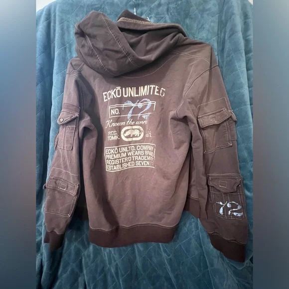 Men's Vintage Ecko Zip Hoodie with Arm Pocket Details in Brown Size XL - Picture 6 of 6